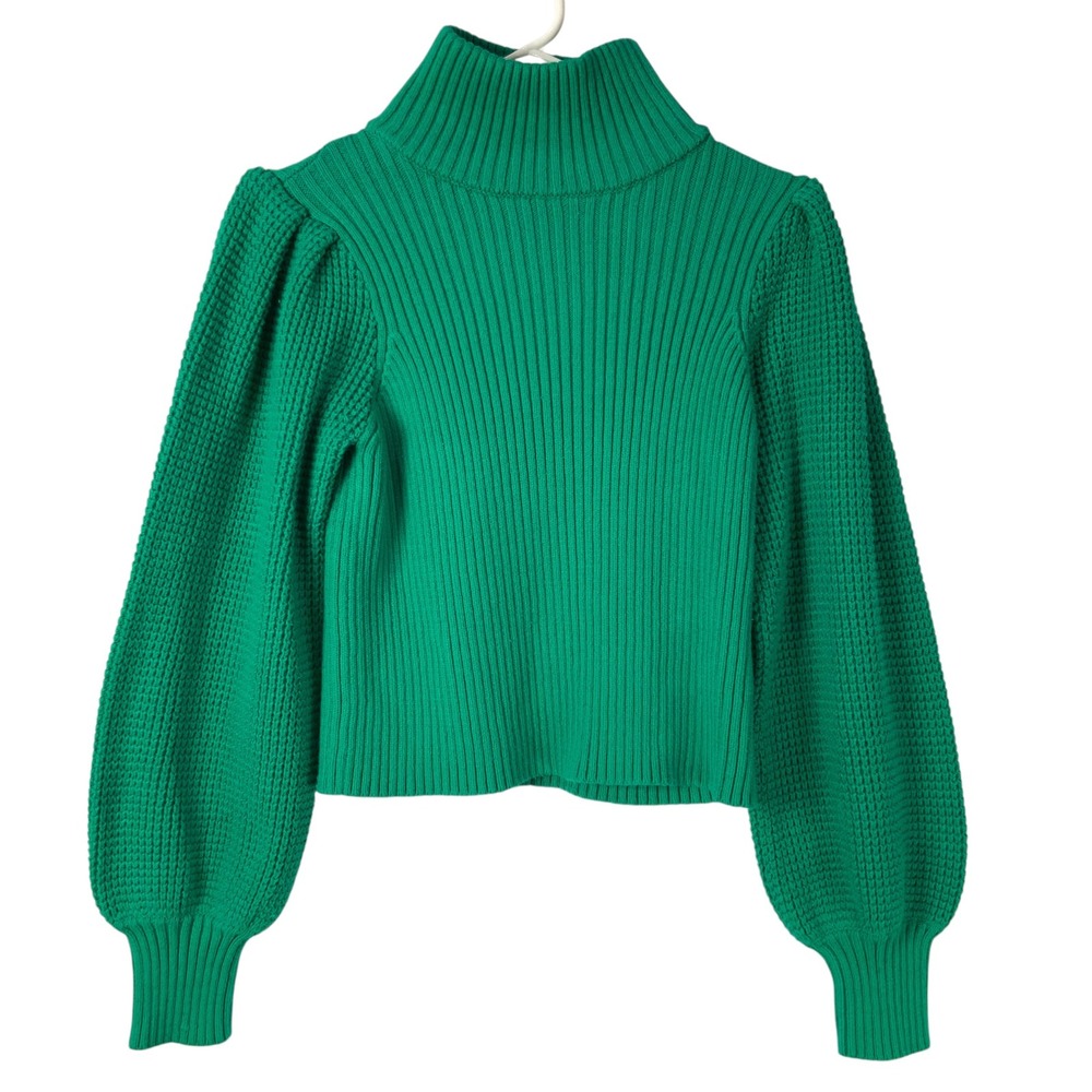 Lulus Green Ribbed Knit Sweater M Pullover Turtleneck Long Puff Sleeve Crop